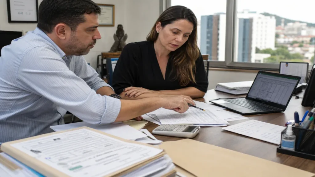 Especialista revisando documentos de revisão do processo de emissão fiscal relacionados à planejamento tributário para.