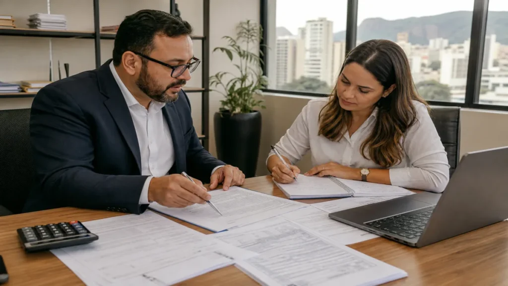 contador e empreendedora analisando documentos de abertura de empresa em escritório de Belo Horizonte