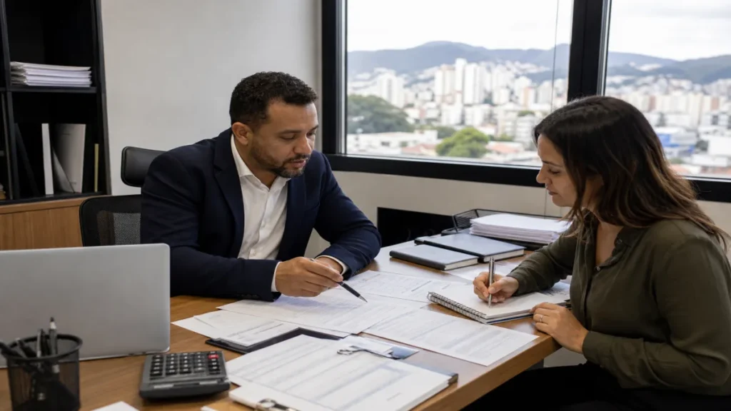 Especialista revisando documentos de o que acelera o processo na prática relacionados à abertura de empresa em mesa de.