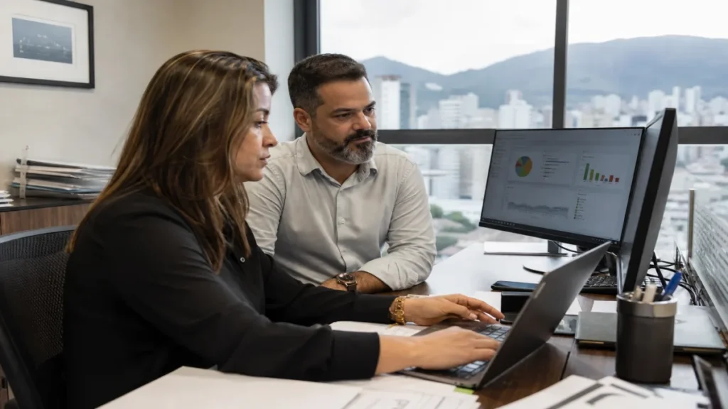 Gestor e contador analisando dashboard de contabilidade digital em escritório com vista para Belo Horizonte