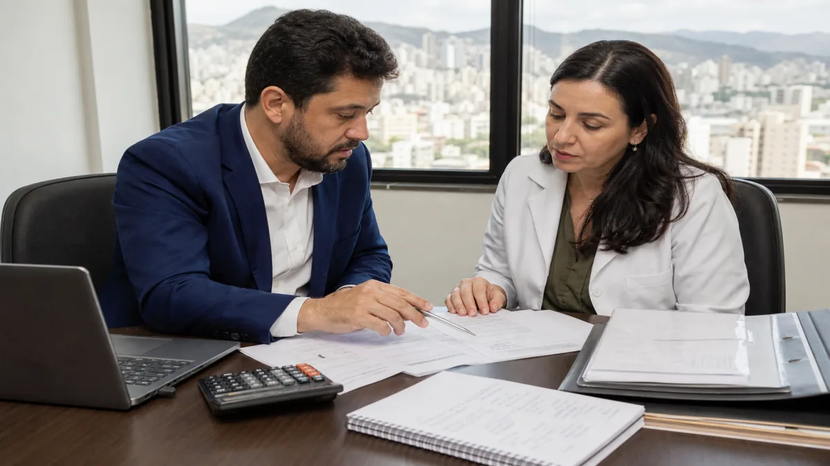contador e médica revisando documentos de contabilidade para médicos em escritório profissional em Belo Horizonte