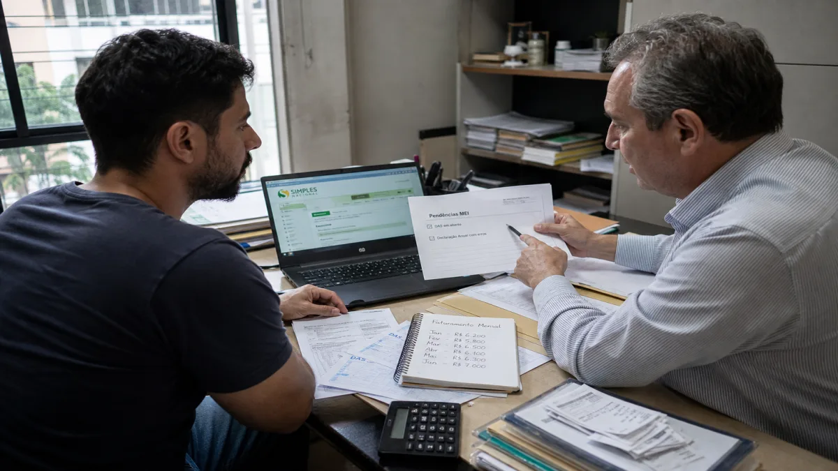 Contabilidade em Belo Horizonte 9 Empreendedor analisa guias e notas de contabilidade para MEI em escritório de Belo Horizonte, com laptop e documentos