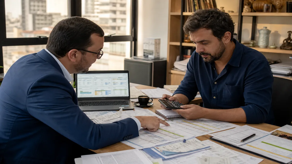 Contabilidade em Belo Horizonte 11 empresario analisa relatorios com contador em reuniao de contabilidade para restaurantes em Belo Horizonte