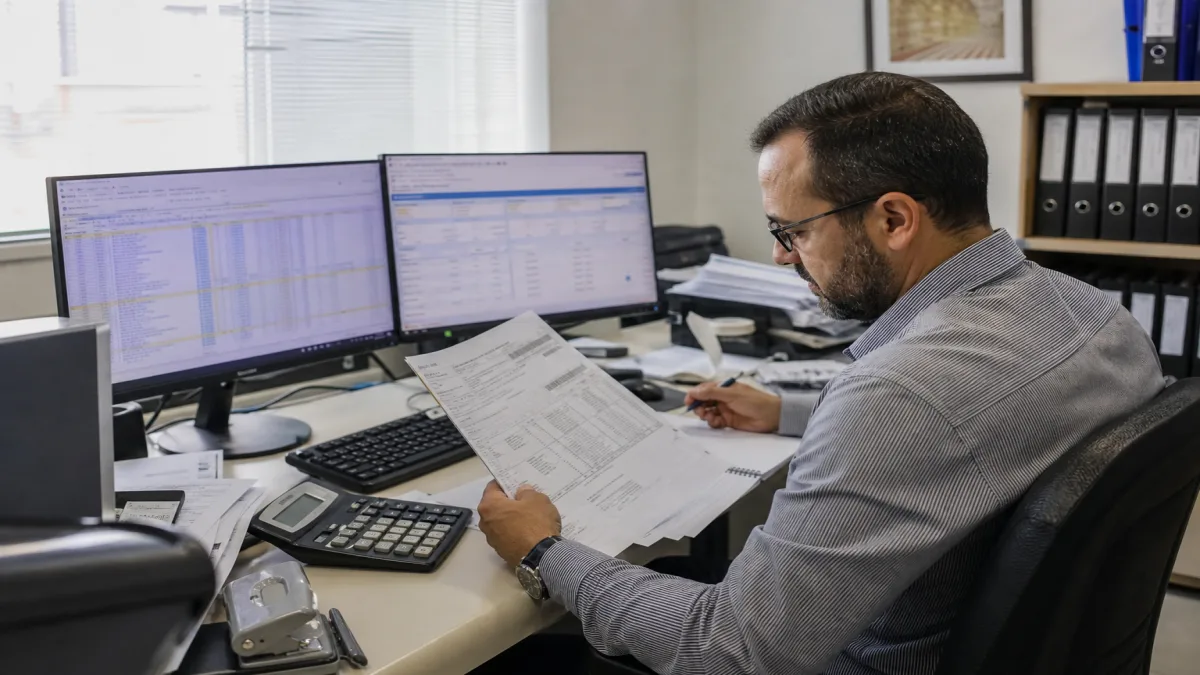 Contabilidade em Belo Horizonte 10 Contador em Belo Horizonte revisando documentos fiscais e notas eletrônicas em escritório com dois monitores