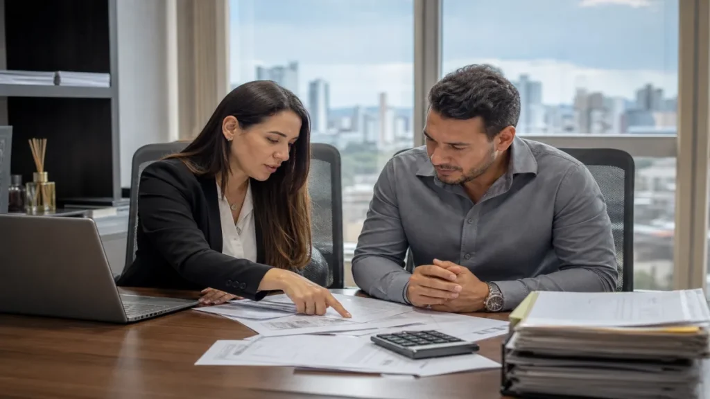 Especialista revisando documentos de consultoria fiscal para empresas com foco em operação relacionados à escritório.