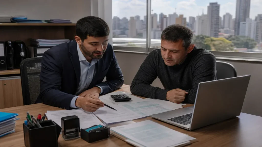empresário em reunião com contador de escritório contábil em BH analisando documentos fiscais e relatórios financeiros