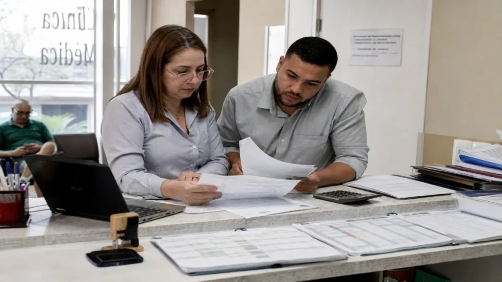 contabilidade para clínicas: Gestora analisa relatórios de contabilidade com um colega na recepção de uma clínic.