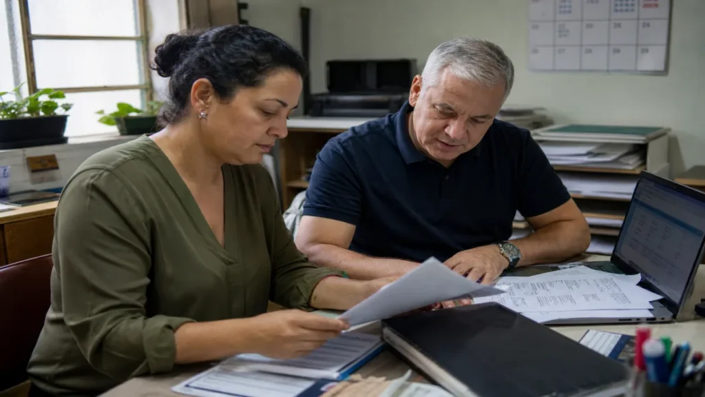 Empresário em Belo Horizonte analisa relatórios fiscais com contadora durante a troca de contador da empresa
